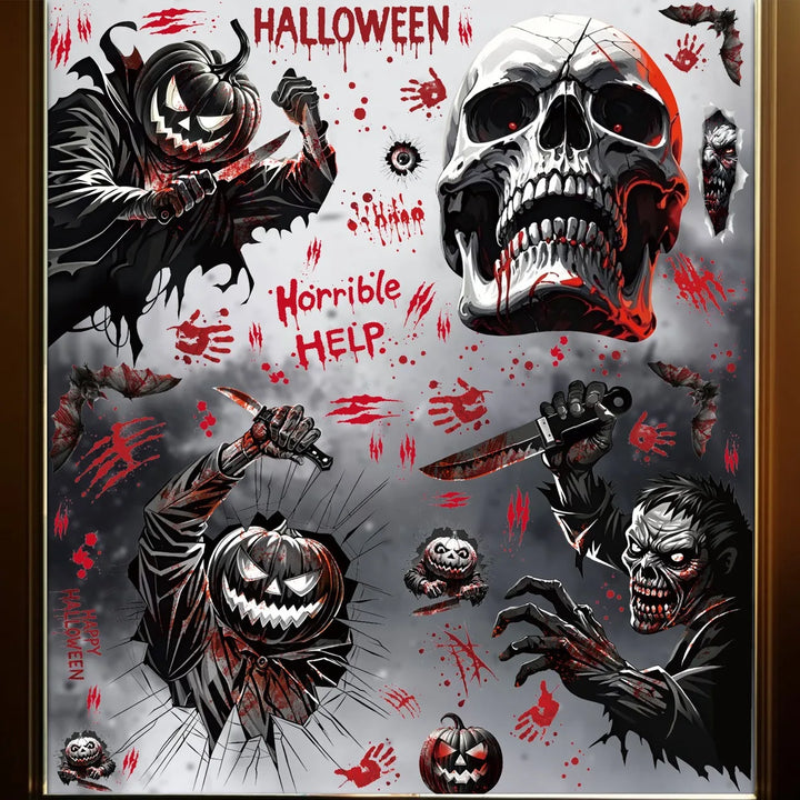 Autocollants de fenêtre HorrorPumpkins | Ensemble d'autocollants Halloween | Citrouille, crâne, empreintes de mains ensanglantées & chauves-souris | Réutilisables