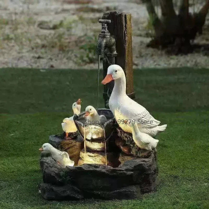 Fontaine Deko Solaire Lunaverde Canard & Écureuil | Figurine de jardin avec lumière LED | Résine synthétique résistante aux intempéries | Pour terrasse & balcon
