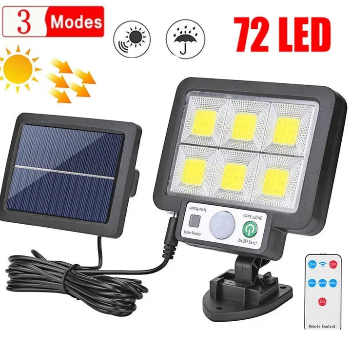LumoVolt Lumière Solaire avec Détecteur de Mouvement | 72 LED COB | Télécommande & Câble de Panneau Solaire de 5 m | 3 Modes | Résistant aux Intempéries IP65