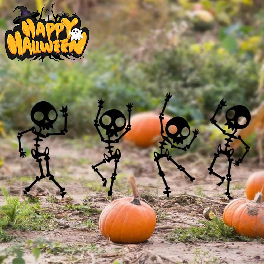 Décoration de jardin SpookySteps | Squelettes dansants | Métal résistant aux intempéries | Ensemble de 4 | Décoration d'extérieur Halloween