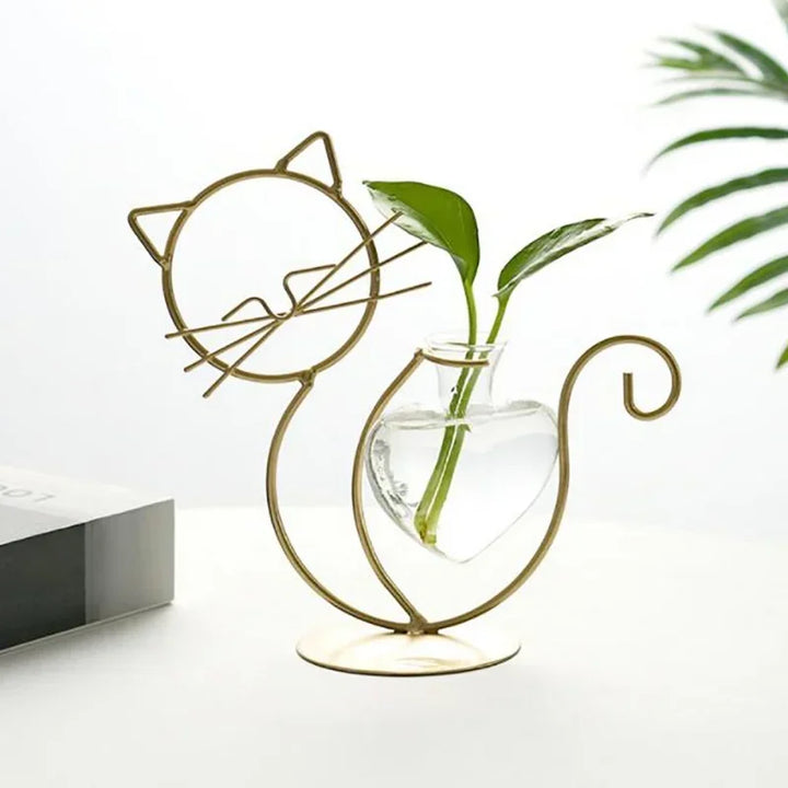 Felora | Vase en verre en forme de cœur pour hydroponie avec support pour chat | Fer forgé fait main & verre borosilicaté