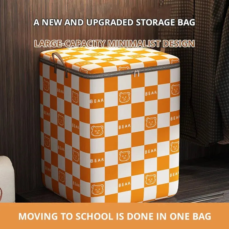 Sac de rangement Bearilo avec motif d'ours | Grande capacité pour couvertures, vêtements & déménagement | Pliable & portable | Orange/Marron