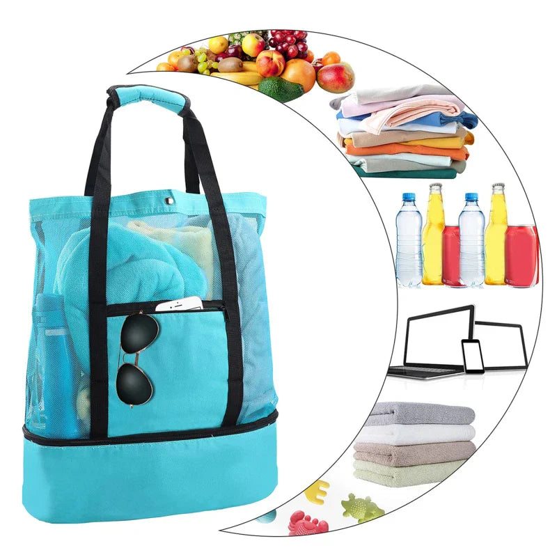 Sac de Plage SANDORIA 2-en-1 | Avec Compartiment Isotherme & Rangement en Maille | Pour Jouets, Coquillages & Snacks | Léger & Pliable