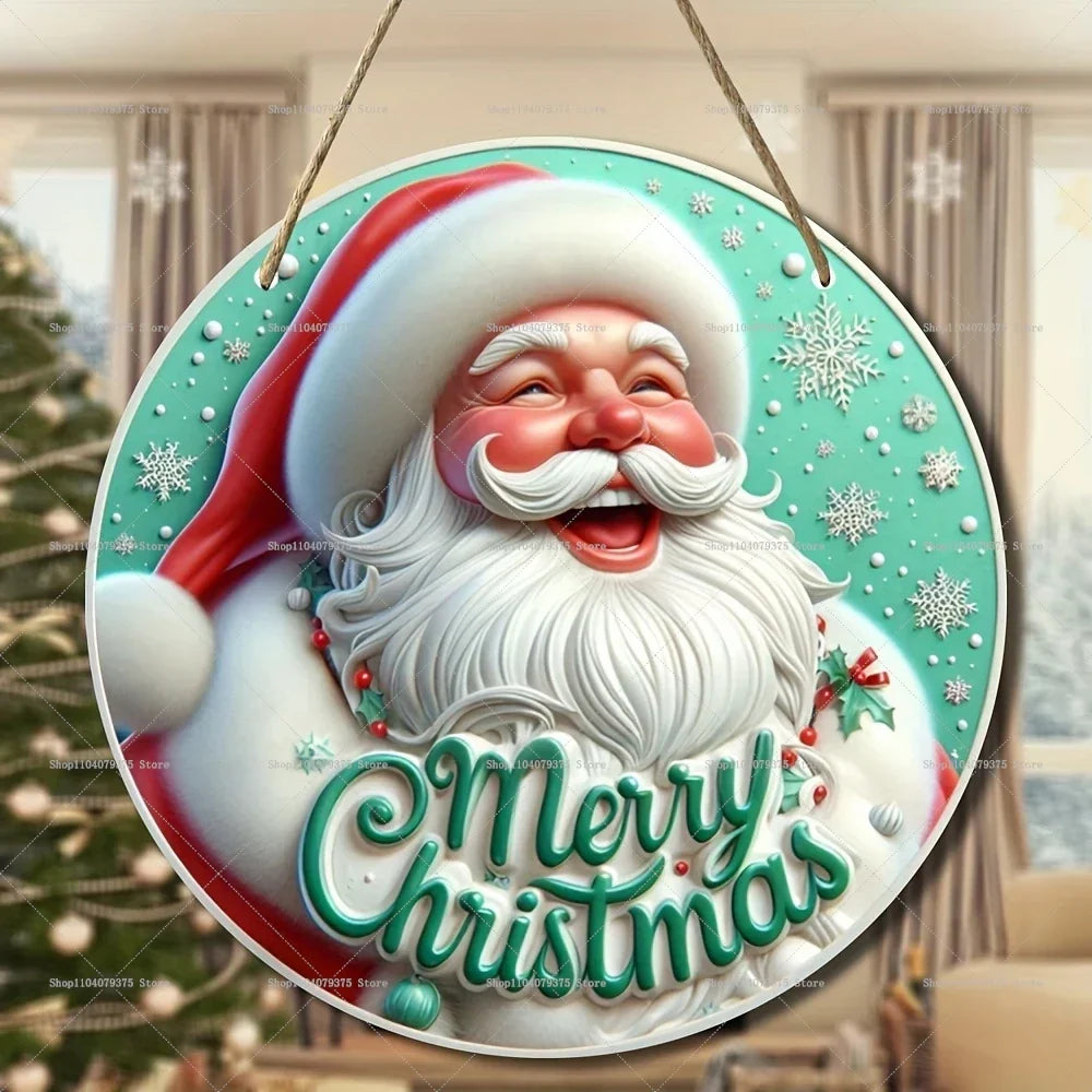 Panneau de Noël en Bois | Suspension Ronde avec Bonhomme de Neige & Père Noël | Décoration de Porte & Mur