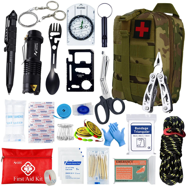 Survivora24 Kit de secours | Kit de survie en plein air de 24 pièces avec équipement de premiers secours | Pour la randonnée, le camping, la protection en cas de catastrophe et les aventures