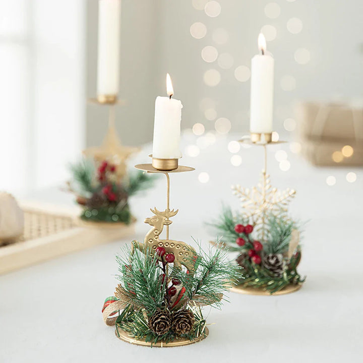 Support de bougie LumiNoel | Bougeoir de Noël en fer doré | Flocon de neige, étoile, arbre & renne | Décoration de table pour Noël & Nouvel An