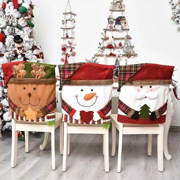 Housse de chaise de Noël MerrySeat | Design Père Noël, Bonhomme de neige & Renne | Housse de chaise en tissu | Décoration réutilisable pour Noël