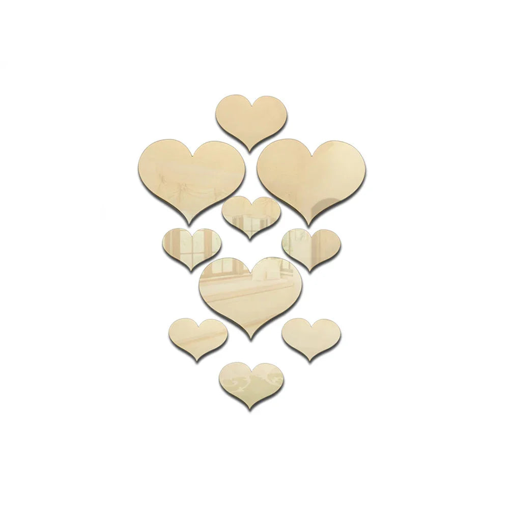 HeartMirro | Autocollant mural 3D en forme de cœur | Effet miroir or et argent | 10 pièces