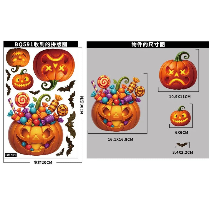 Autocollants de fenêtre SpookyPumpkins | Autocollants de décoration d'Halloween | Citrouille, chat & fantôme | Réutilisables & adhésifs statiques