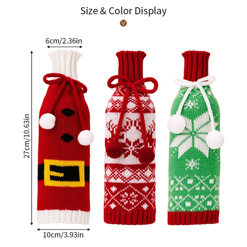 Festivelle Ensemble de 3 Housses de Bouteilles de Noël | Décoration de Bouteilles de Vin Tricotées | Avec Cordon de Serrage | Pour Bouteilles de Vin et de Champagne de 750ml | Polyester