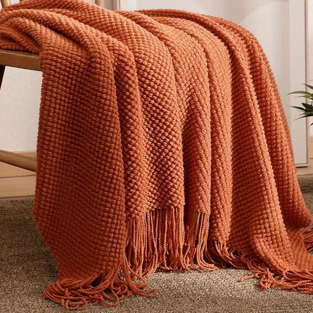 Aurelia Cozy Plaid en tricot avec pompons en orange Morandi | Doux & Réchauffant | 3 tailles | Pour canapé, lit & voyages