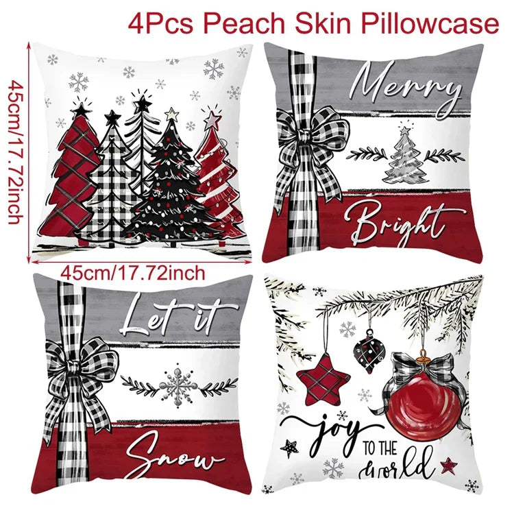 Ensemble de Housses de Coussin de Noël (4 pièces) | Décoration Festive pour la Maison | Coton Doux | 45x45 cm