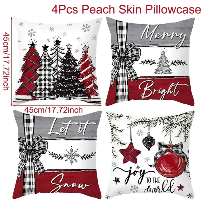 Ensemble de Housses de Coussin de Noël (4 pièces) | Décoration Festive pour la Maison | Coton Doux | 45x45 cm