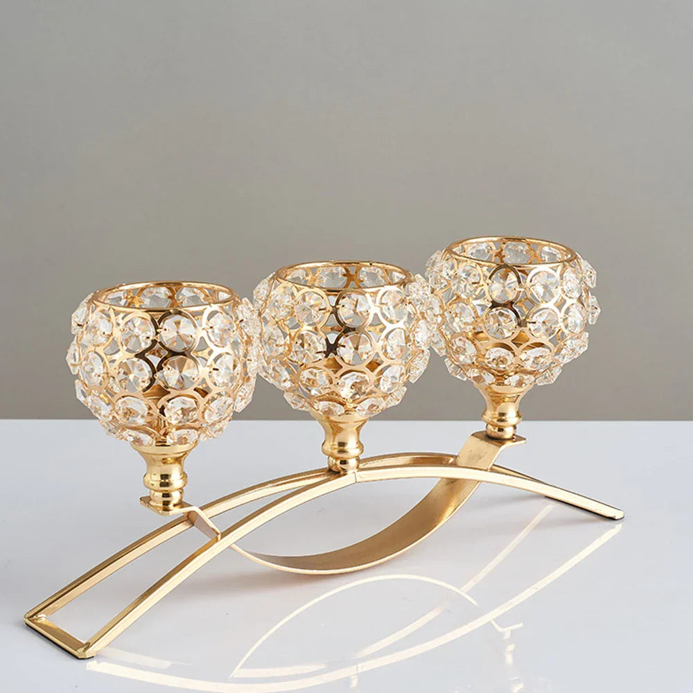 CristaLuce Bougeoir | 3 Coupes en Cristal | Design Arc Moderne | Métal & Verre | 33×9×15,5 cm