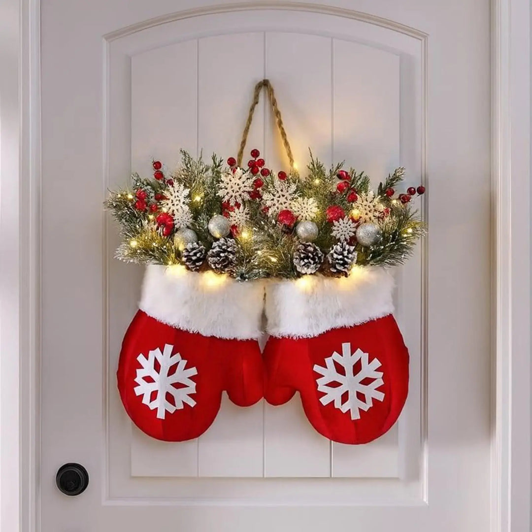 Couronne de Noël | Éclairage LED | Pommes de pin, baies & effet givré | Pour décoration de porte, mur & table