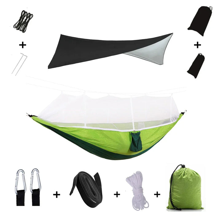 Trekviva Hamac de Camping | Filet anti-moustiques intégré & Tarp de pluie | Ultra léger & Résistant | Solution 3-en-1 pour l'extérieur