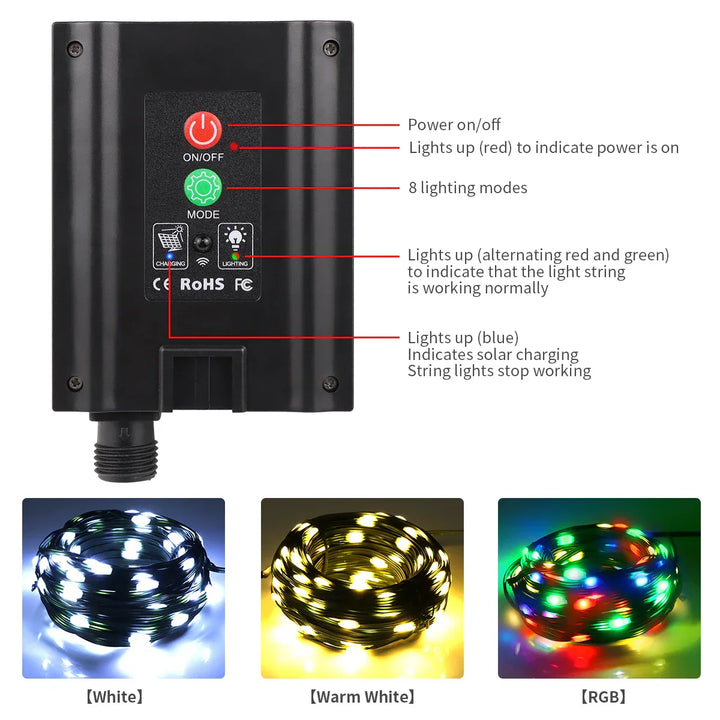 Guirlande lumineuse solaire 100M LumiSol ProLine | 8 modes | IP65 étanche | LEDs extra brillantes | Télécommande & Charge rapide | Pour jardin, mariage & Noël