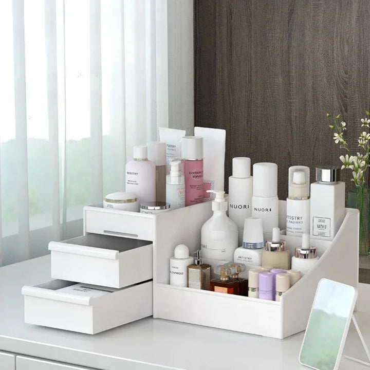 Organisateur de maquillage Cosmevo avec tiroirs | Rangement compact pour le maquillage pour salle de bain et coiffeuse – Blanc, mobile et facile à nettoyer