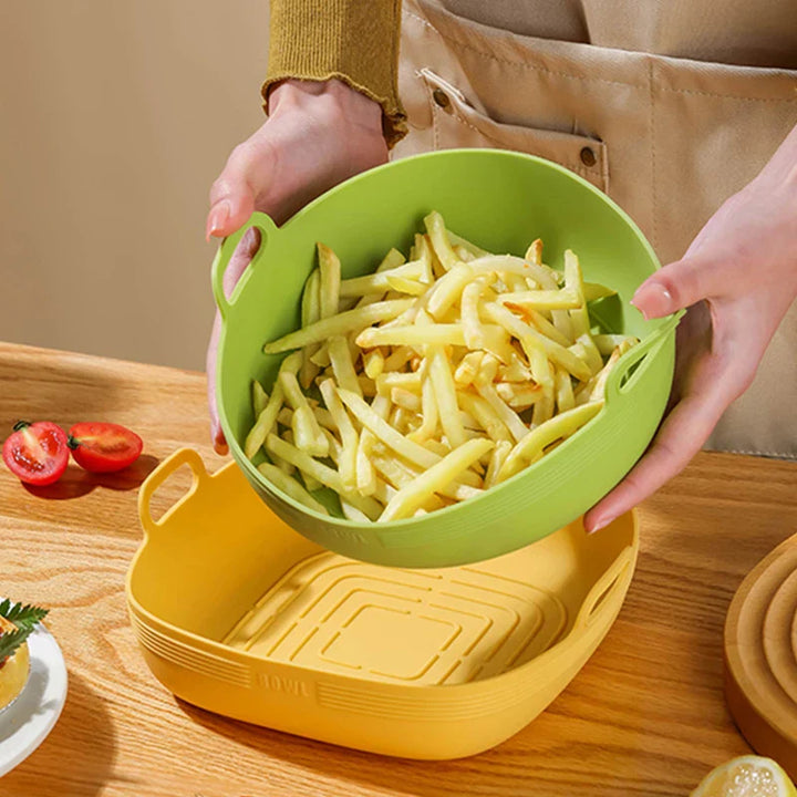 Crispura Panier en silicone | Insert en silicone pour friteuse à air chaud | Rond & Réutilisable | Antiadhésif & Résistant à la chaleur | Vert/Jaune