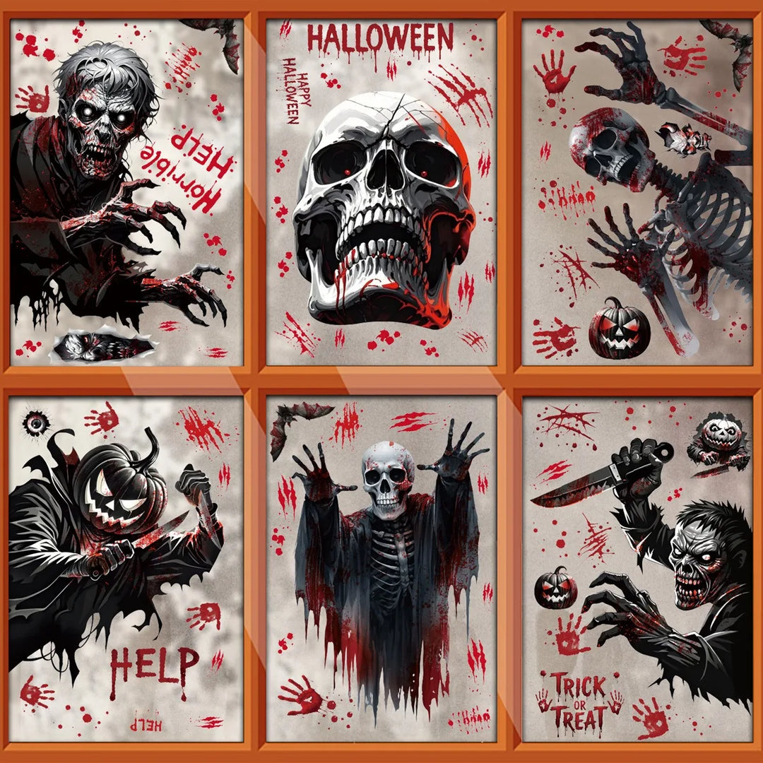 Autocollants de fenêtre HorrorPumpkins | Ensemble d'autocollants Halloween | Citrouille, crâne, empreintes de mains ensanglantées & chauves-souris | Réutilisables