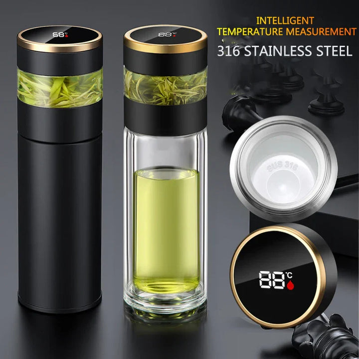 ThermoBrew | Bouteille isotherme avec affichage de température LED & infuseur à thé | 450 ml | Acier inoxydable 304 | Noir