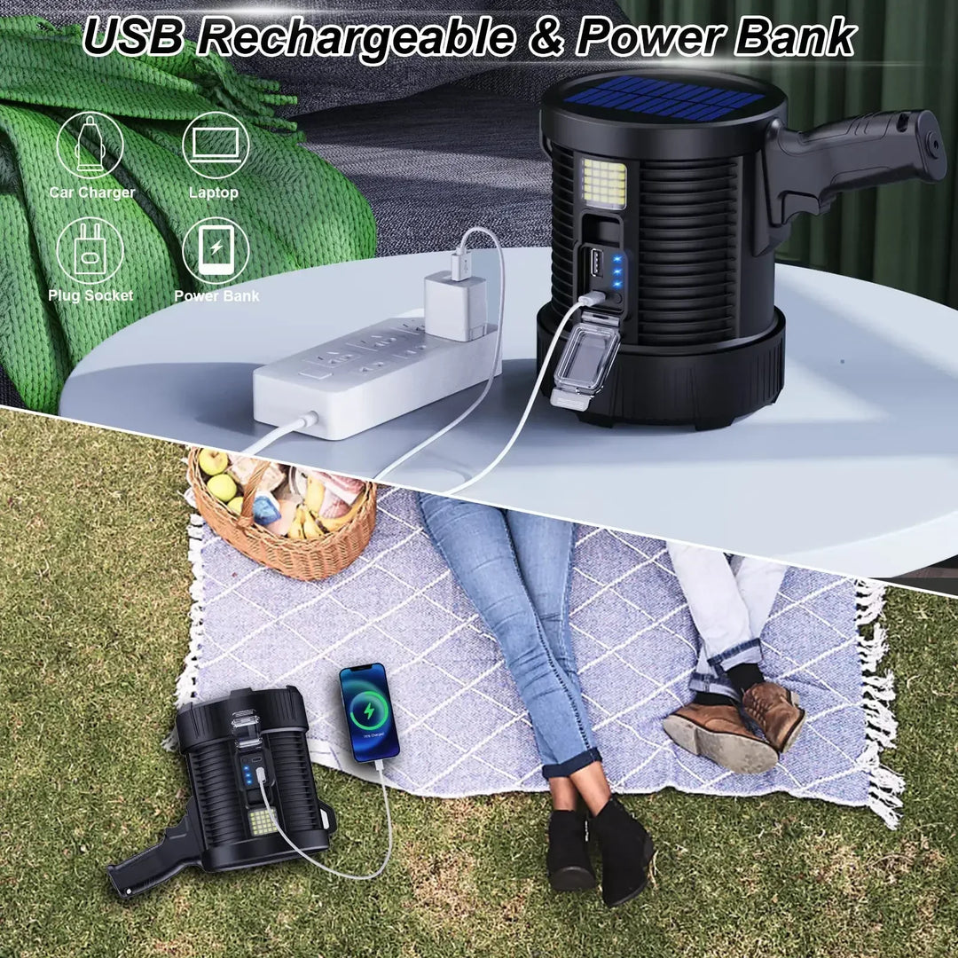 Lampe de poche LuminexPro 900K | 900.000 Lumens | Batterie 10000 mAh | Fonction de charge solaire & USB | Étanche IPX5