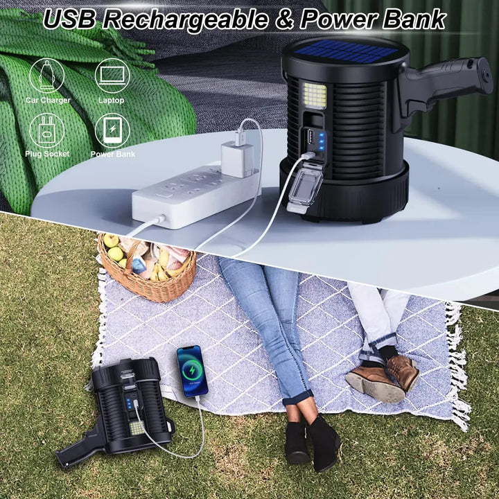 Lampe de poche LuminexPro 900K | 900.000 Lumens | Batterie 10000 mAh | Fonction de charge solaire & USB | Étanche IPX5