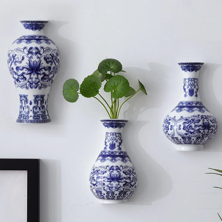 Aurevia | Vase mural en céramique | Bleu-Blanc design antique | Classique & Moderne