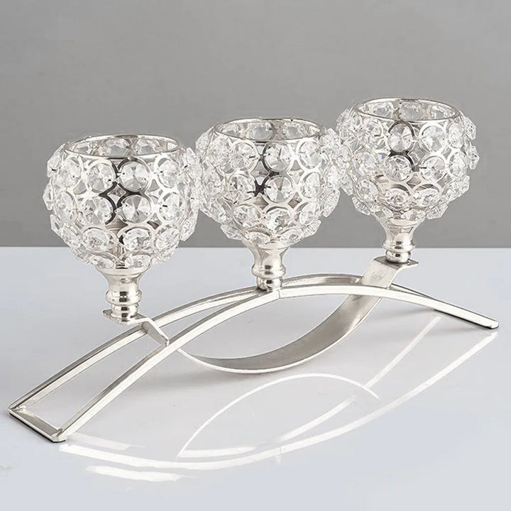 CristaLuce Bougeoir | 3 Coupes en Cristal | Design Arc Moderne | Métal & Verre | 33×9×15,5 cm