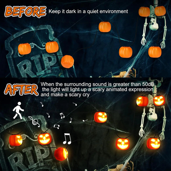 Guirlande lumineuse Halloween PumpkinPhantasm | 4,5 m | 8 citrouilles lumineuses avec mode son & musique | Télécommande & minuterie