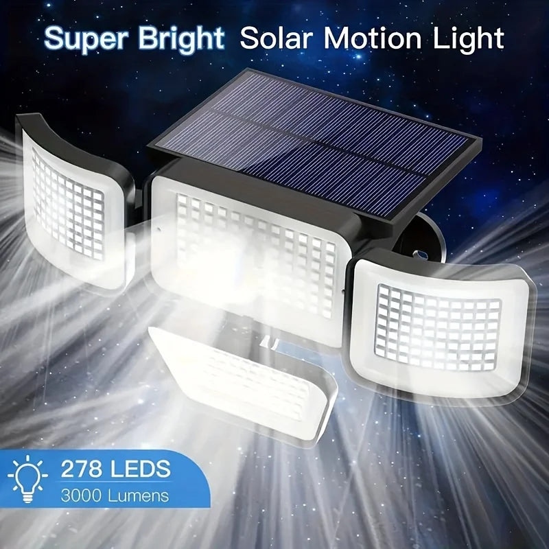 Projecteur de sécurité solaire LumiWacht 300° | 4 têtes | 3000 lumens | Détecteur de mouvement & mode dimmable | Étanche IP65