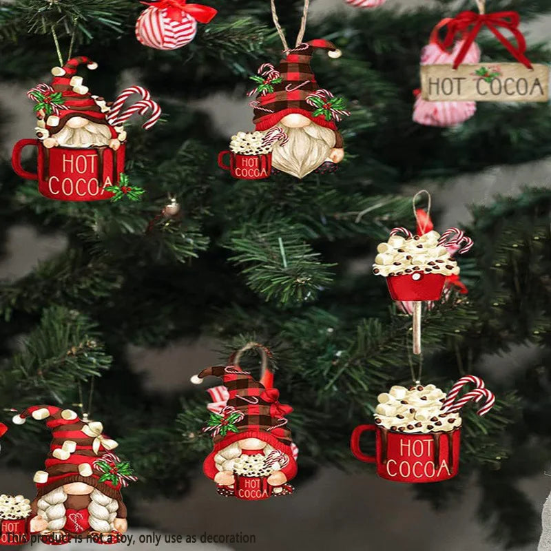 Nordivine | Set de 24 décorations de Noël en bois | Design Chocolat Chaud & Père Noël | Avec cordon suspendu | Pour arbre, fenêtres & cadeaux