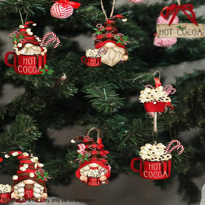Nordivine | Set de 24 décorations de Noël en bois | Design Chocolat Chaud & Père Noël | Avec cordon suspendu | Pour arbre, fenêtres & cadeaux