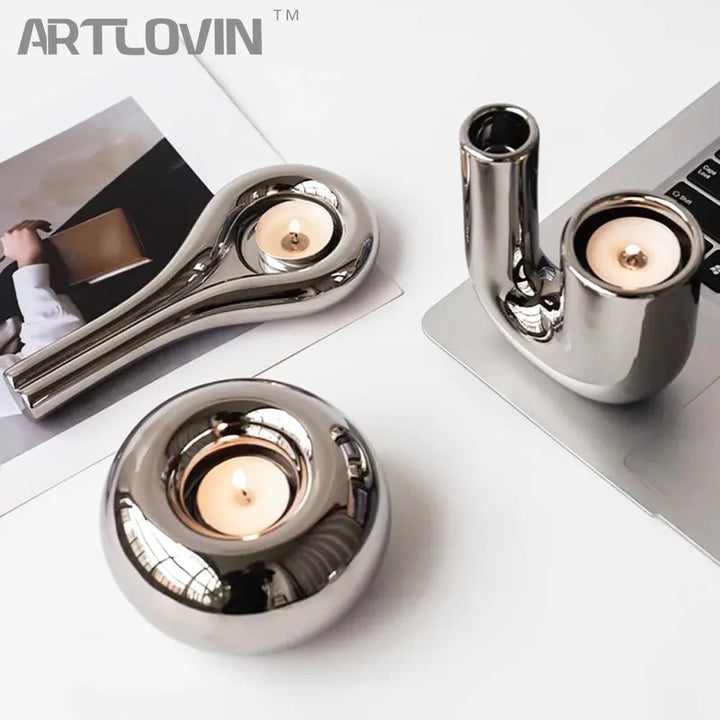 LUXORA Porte-bougie | Forme cylindrique | Argenté | Décoration moderne en céramique