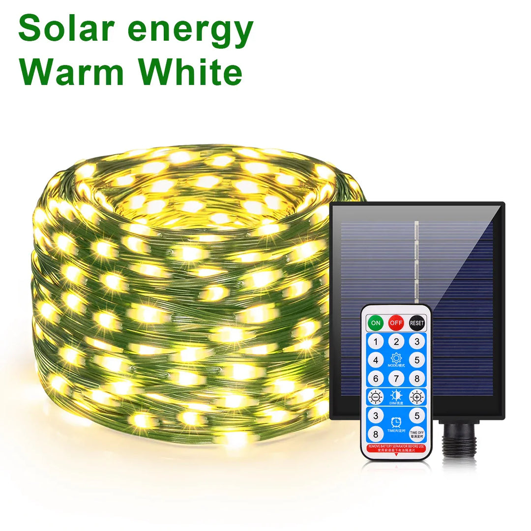 Guirlande lumineuse solaire 100M LumiSol ProLine | 8 modes | IP65 étanche | LEDs extra brillantes | Télécommande & Charge rapide | Pour jardin, mariage & Noël