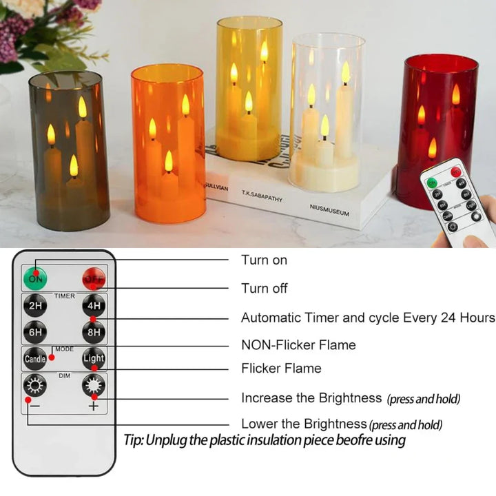 LumièreTrio Bougie LED-Stumpenkerze avec 3 mèches | 7,5 × 15 cm | Télécommande & Minuteur | Lumière chaude vacillante | Design en acrylique