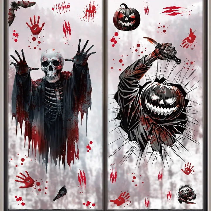Autocollants de fenêtre HorrorPumpkins | Ensemble d'autocollants Halloween | Citrouille, crâne, empreintes de mains ensanglantées & chauves-souris | Réutilisables