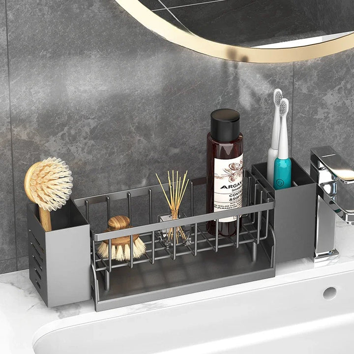 Organisateur de lavabo Ordinaqua | Auto-drainant | Support pour éponge, savon & torchons | Extensible & Hygiénique | Plastique ABS