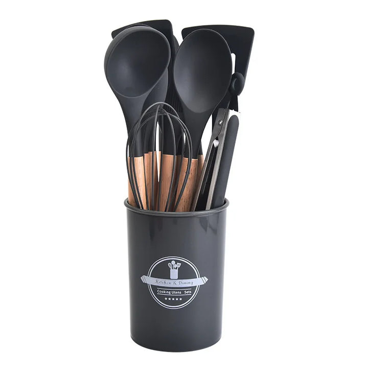 Ensemble d'ustensiles de cuisine en silicone Culinora | Résistant à la chaleur jusqu'à 230 °C | 12 pièces avec poignées en bois | Fouet, spatule, pince & plus
