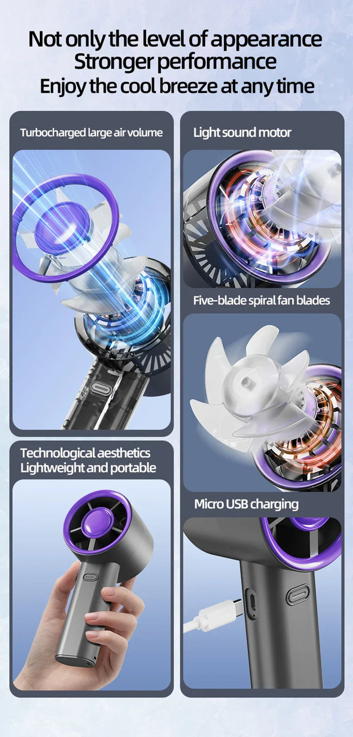BrisaLite Mini Ventilateur à Main | Rechargeable USB | Refroidissement Silencieux avec Support pour Téléphone | 3 Vitesses pour Voyages & Bureau
