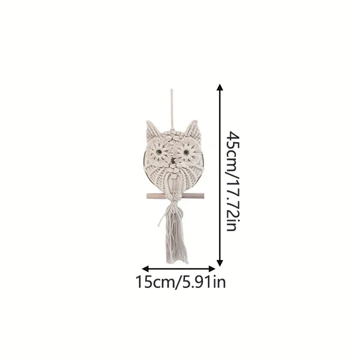 Tenture murale en macramé Hibou de Sagesse | Fait main en corde de coton | Décoration Boho | 15×45 cm / 30×80 cm