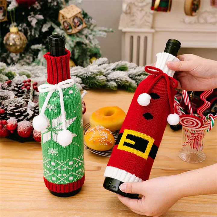 Festivelle Ensemble de 3 Housses de Bouteilles de Noël | Décoration de Bouteilles de Vin Tricotées | Avec Cordon de Serrage | Pour Bouteilles de Vin et de Champagne de 750ml | Polyester