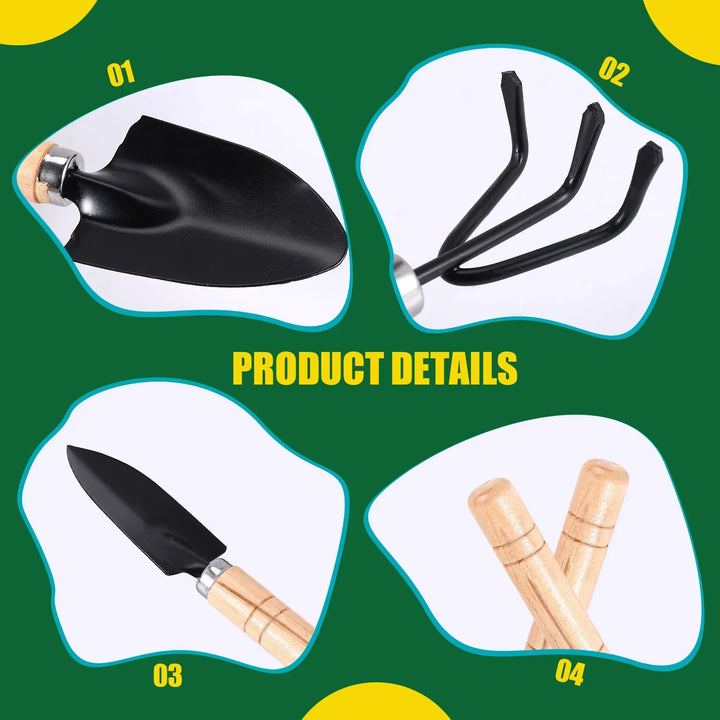 Ensemble d'outils de jardinage Mini Planturio 3 pièces | Pelle, truelle & râteau | Poignée en bois & tête en métal | Pour bonsaïs & plantes d'intérieur