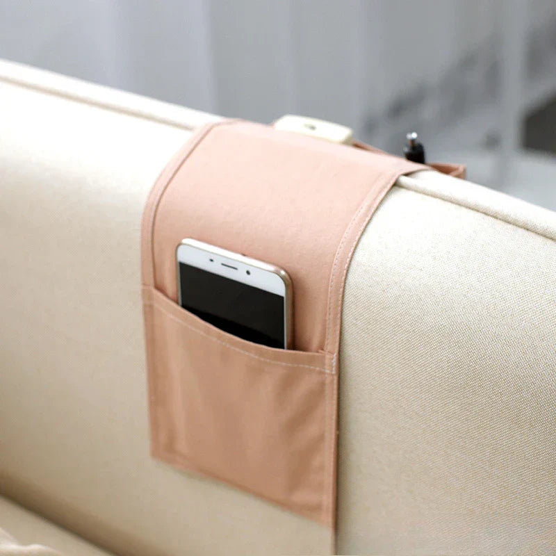Organisateur de lit Restivo en toile de coton | Rangement suspendu avec poches | Pour télécommande, livres et accessoires – environ 30×20×10 cm