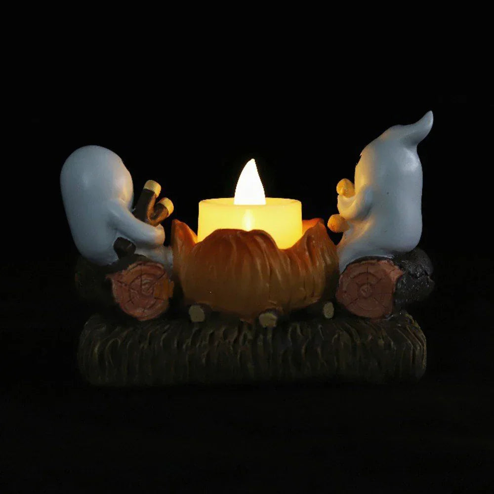 SpiritFlame | Support de feu de camp fantôme Halloween | Effet scintillant & support en métal | Décoration sans bougies
