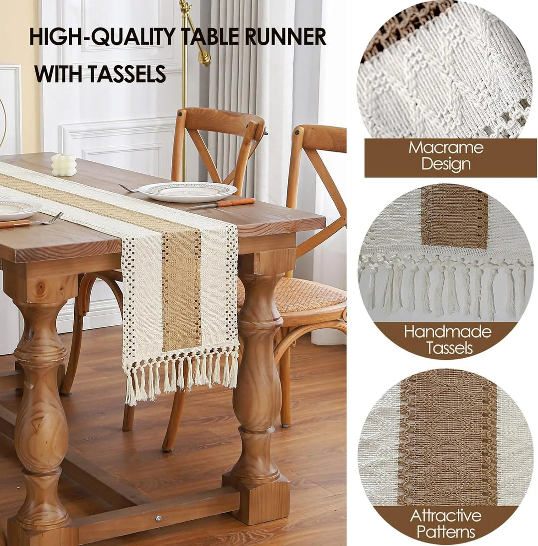 Casaluna | Chemin de table boho avec pompons | Aspect lin & mélange de coton | Style farmhouse rustique