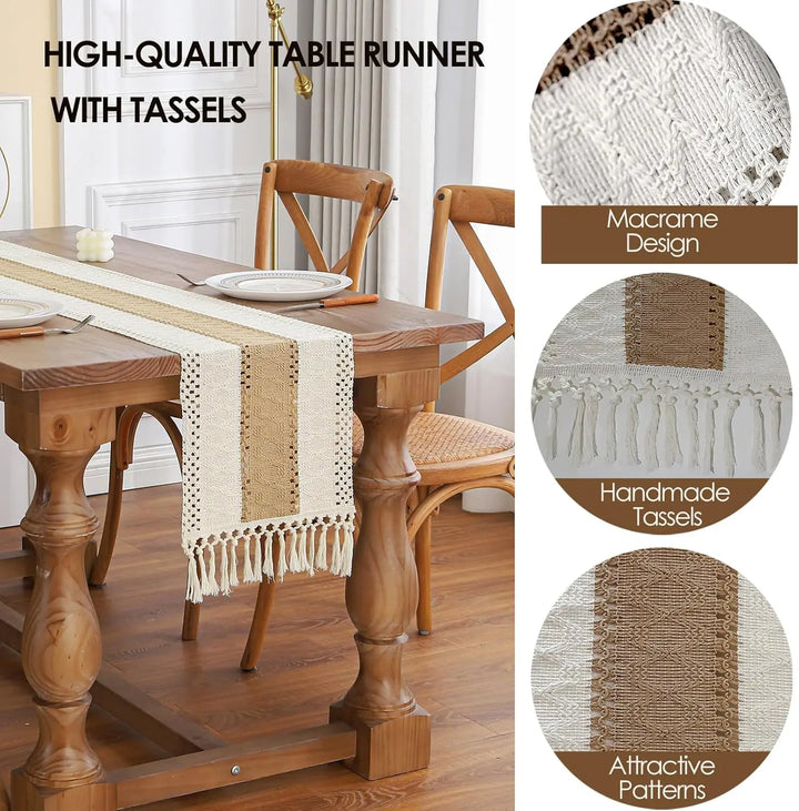 Casaluna | Chemin de table boho avec pompons | Aspect lin & mélange de coton | Style farmhouse rustique