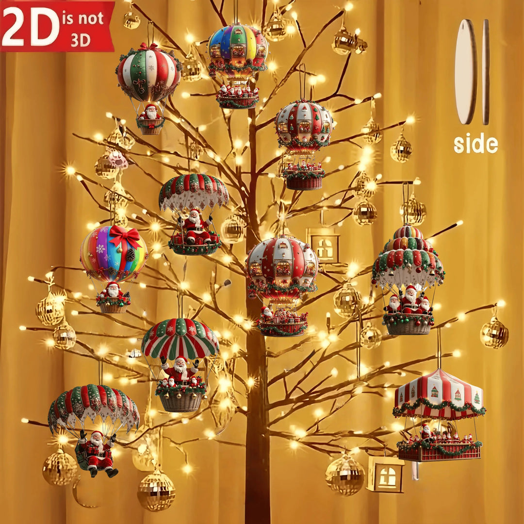 NordicJoy Décorations de Noël en Bois Montgolfière & Père Noël | Ensemble de 10 Ornements en Bois | Décorations de Sapin de Noël & Idée Cadeau