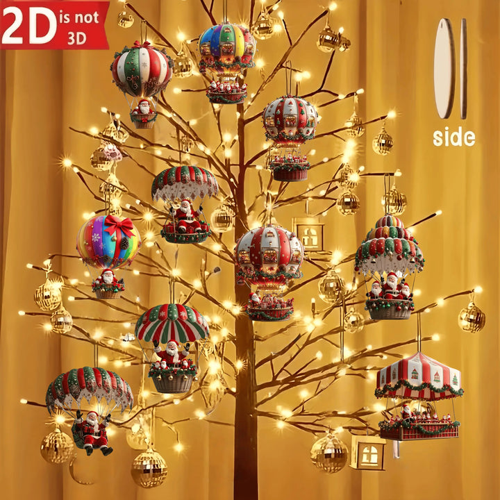NordicJoy Décorations de Noël en Bois Montgolfière & Père Noël | Ensemble de 10 Ornements en Bois | Décorations de Sapin de Noël & Idée Cadeau