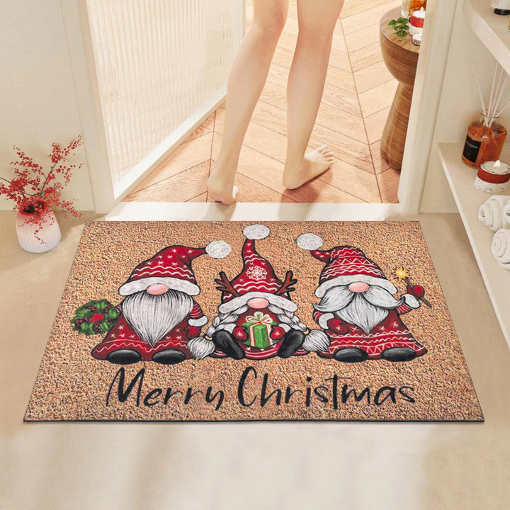 Tapis de Noël | Tapis rouge avec motif de Père Noël et nains | Antidérapant & Absorbant | Intérieur & Extérieur